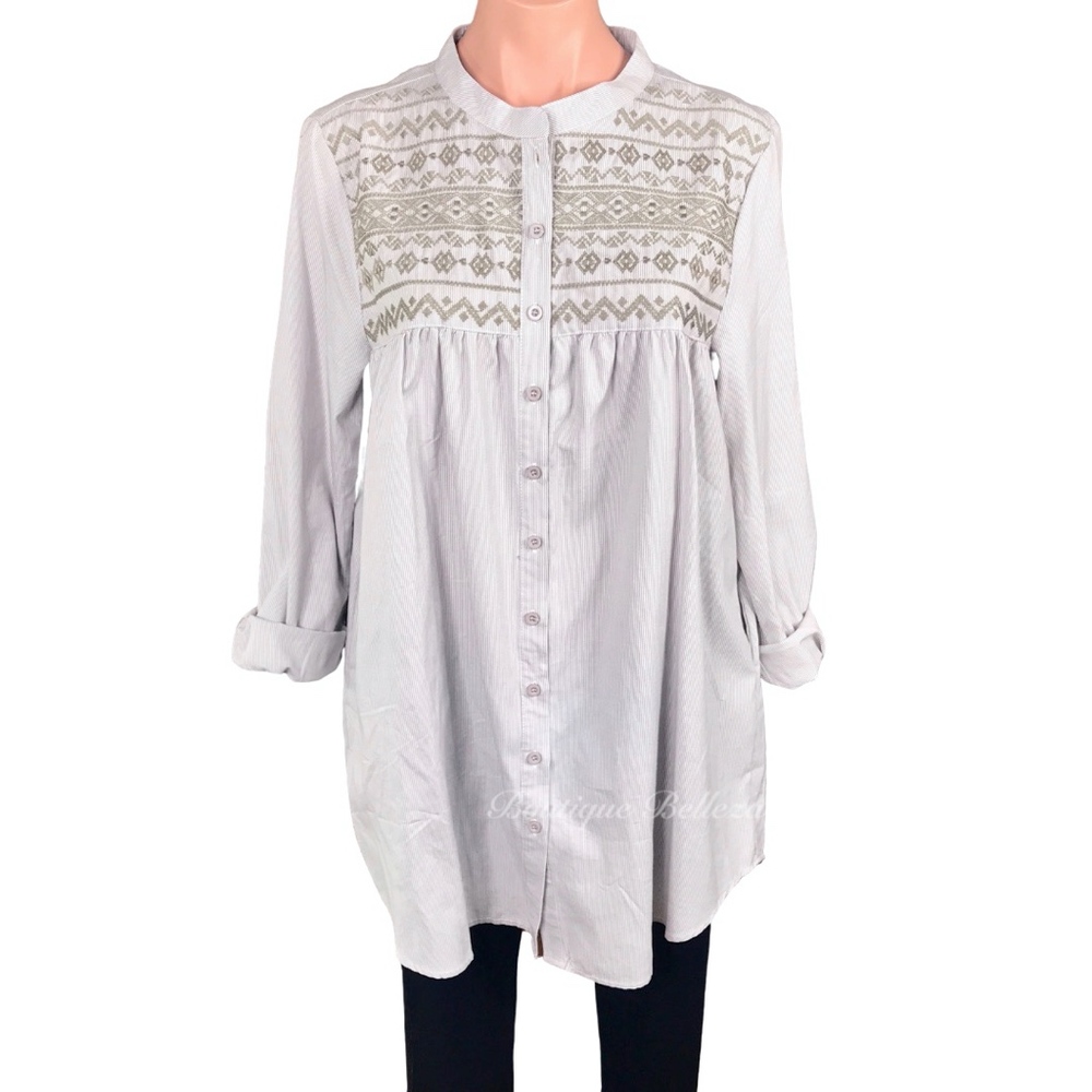 Embroidered Tunic-Length Button Down - Picture 2 of 8
